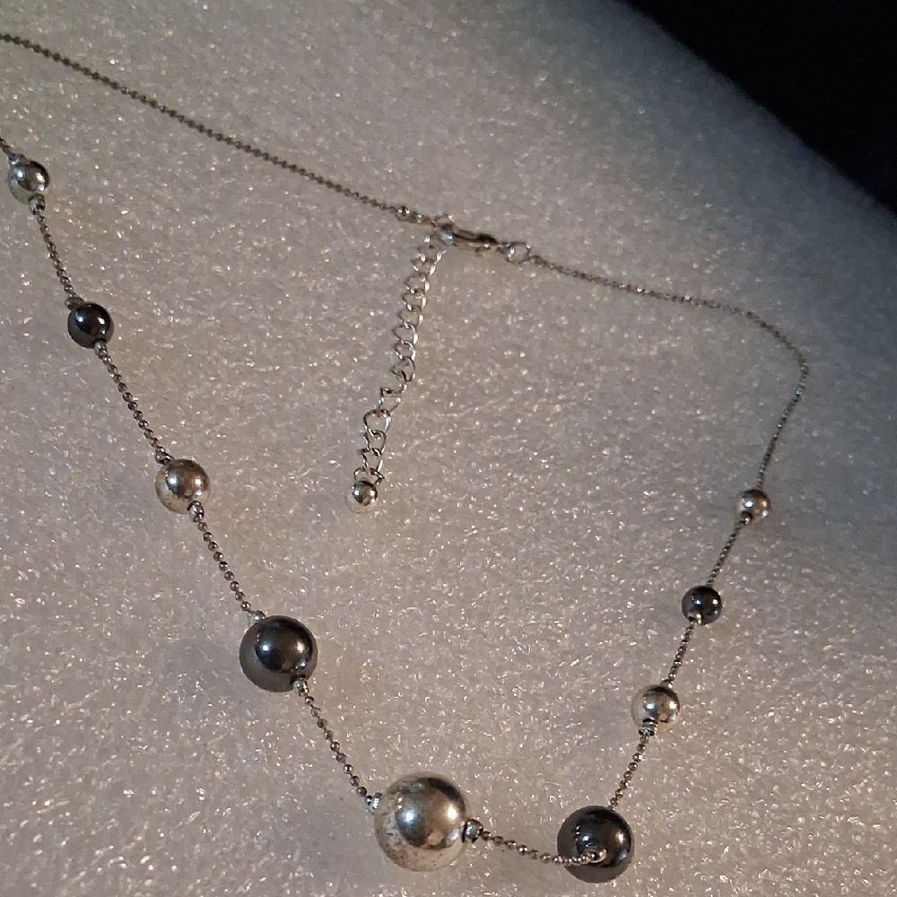 Express Silver and Black Necklace with Beaded Elegance 16+2 In Long